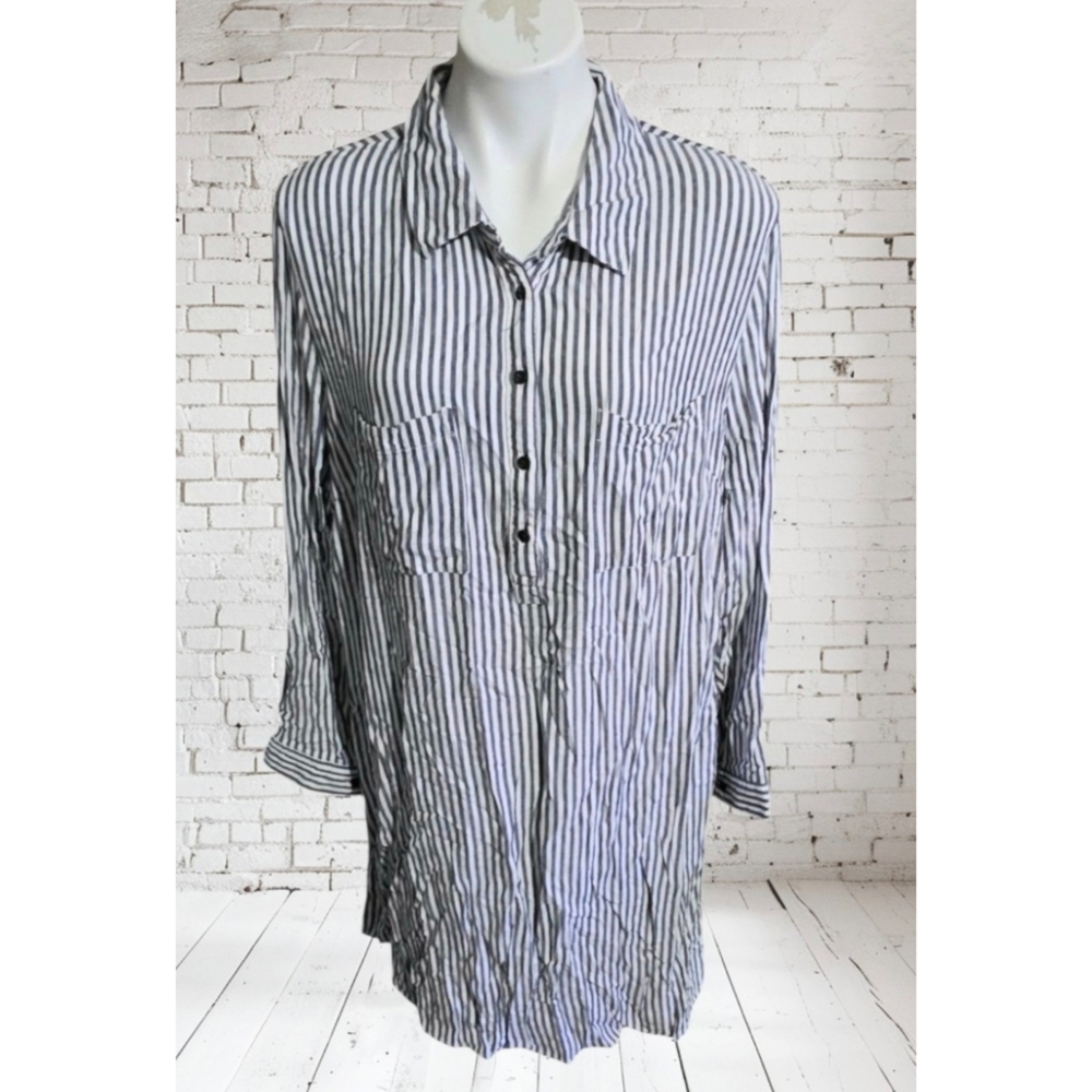 Terra & Sky Long Sleeve Striped Shirtdress Blue & White Size 1X